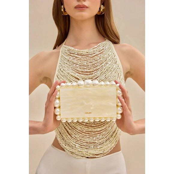 Cult Gaia Eos Beaded Acrylic Box Clutch in Pearl Woth Box Womens Ball Bag - Picture 1 of 16